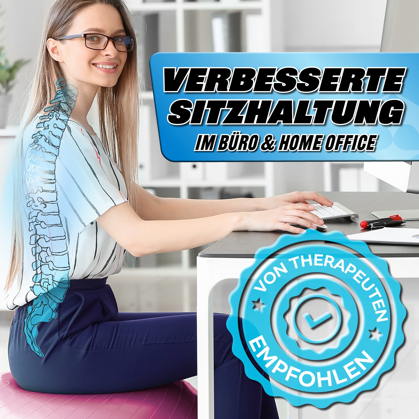 Gymnastikball inkl. Ballpumpe - Fitness Sitzball - Pink - 75 cm für verbesserte Sitzhaltung im Büro und Home Office.