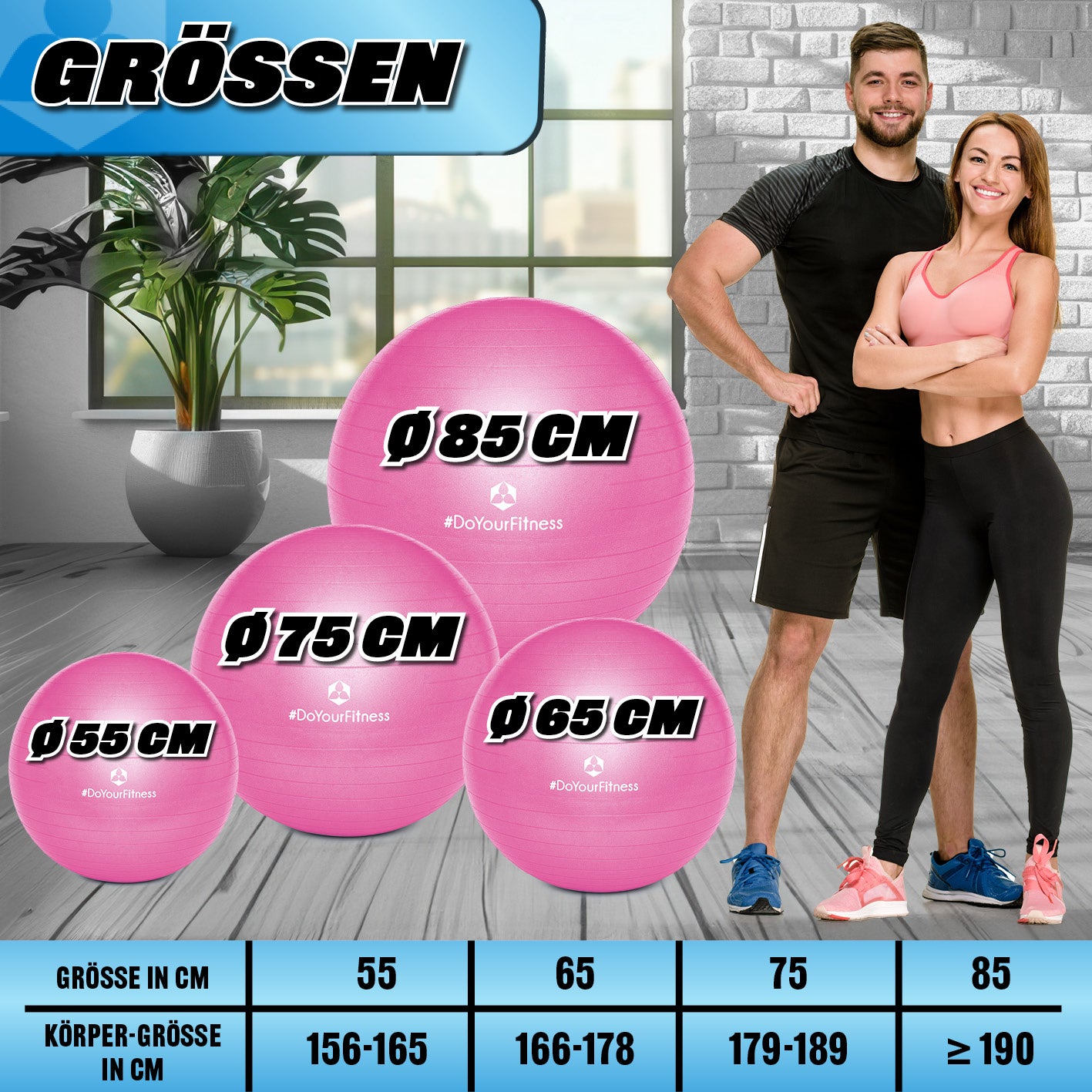 Gymnastikball inkl. Ballpumpe - Fitness Sitzball - Pink - 85 cm mit Größenübersicht und sportlichen Models.