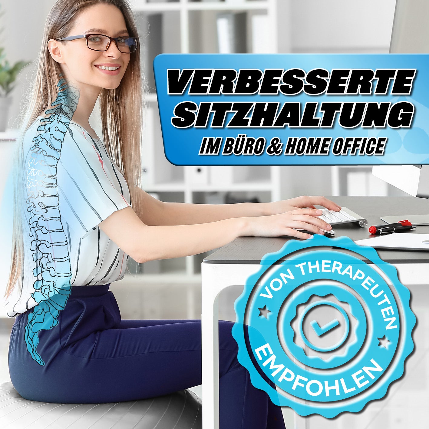 Gymnastikball inkl. Ballpumpe - Fitness Sitzball - Silber - 85 cm für verbesserte Sitzhaltung im Büro und Home Office.