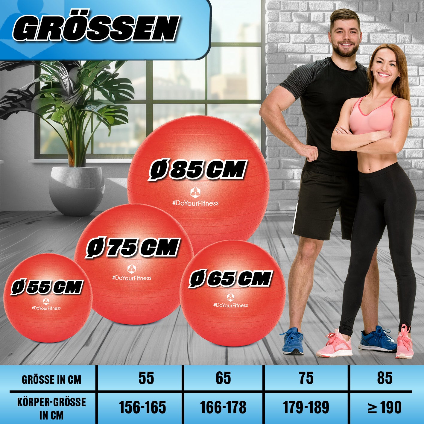 Gymnastikball inkl. Ballpumpe - Fitness Sitzball Rot in 55 cm, 65 cm, 75 cm und 85 cm für verschiedene Körpergrößen.