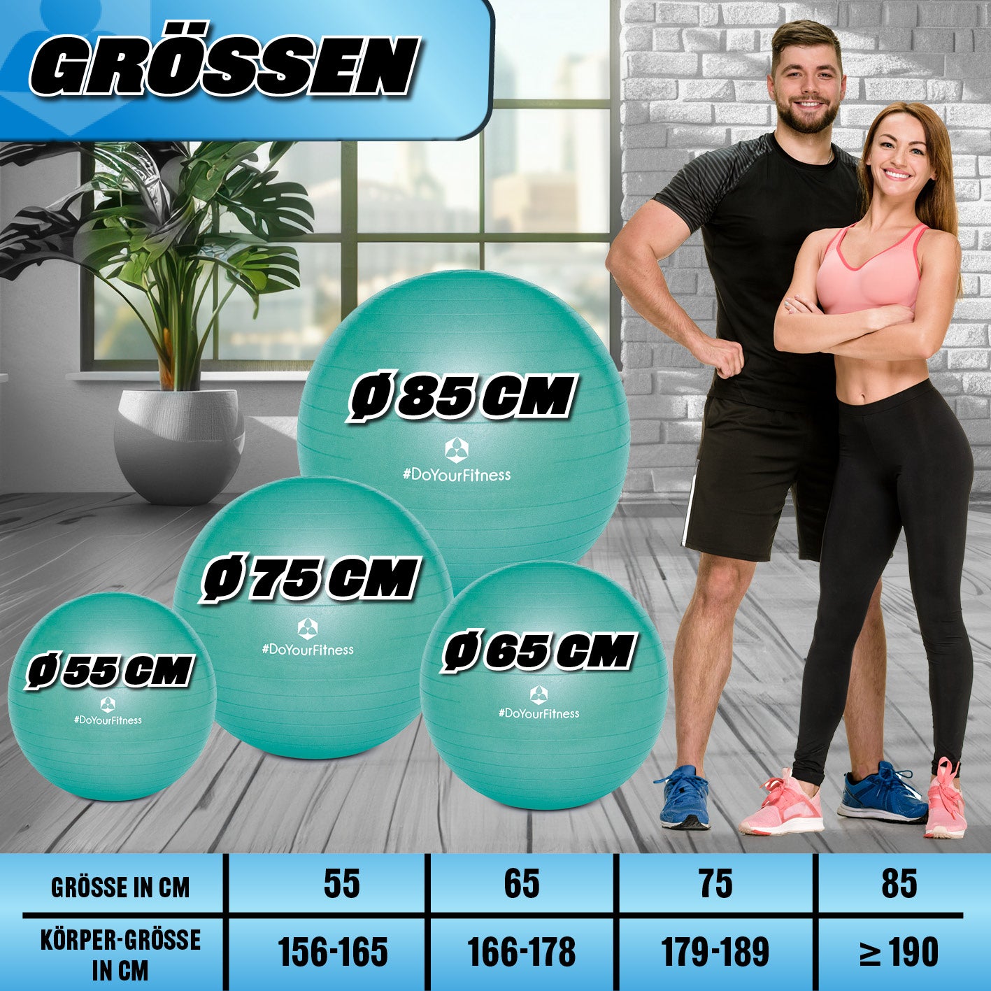 Gymnastikball inkl. Ballpumpe - Fitness Sitzball - Türkis - 55 cm mit Größenvergleich und Sportlern im Fitnessstudio.