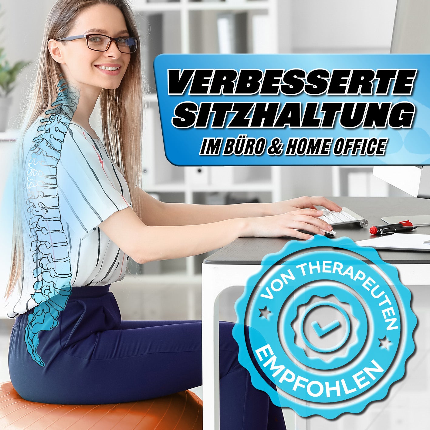 Gymnastikball inkl. Ballpumpe - Fitness Sitzball - Orange - 85 cm für verbesserte Sitzhaltung im Büro und Home Office empfohlen von Therapeuten.