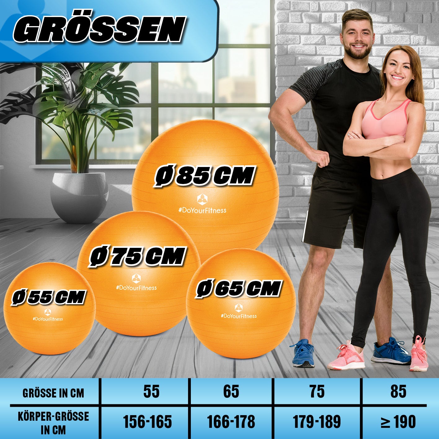 Gymnastikball inkl. Ballpumpe - Fitness Sitzball - Orange - 85 cm mit Größenübersicht und empfohlenen Körpergrößen.