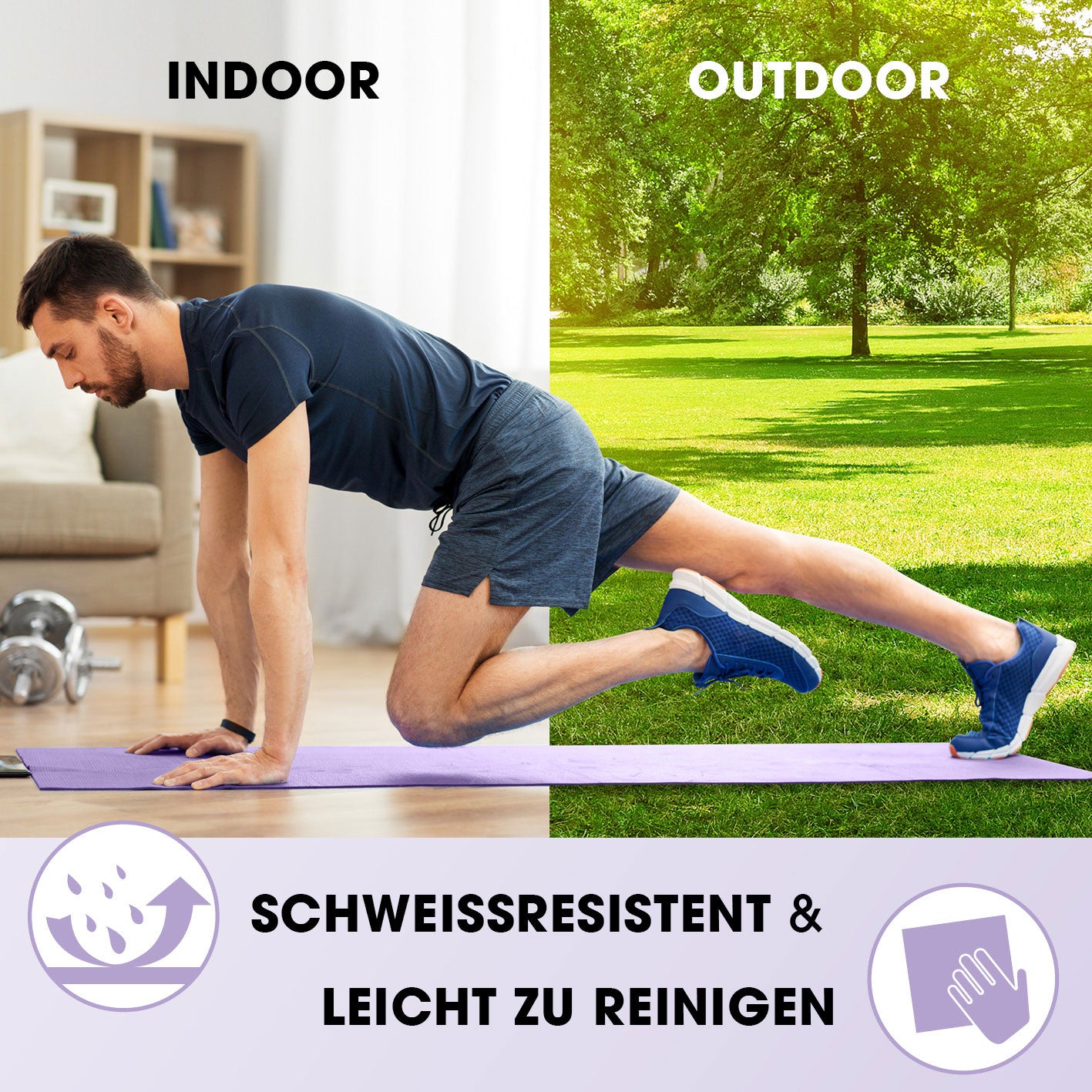 Fitness- und Gymnastikmatte - 183 x 61 x 1,5 cm - Lila, rutschfest, robust, schweißresistent für Indoor- und Outdoor-Training.