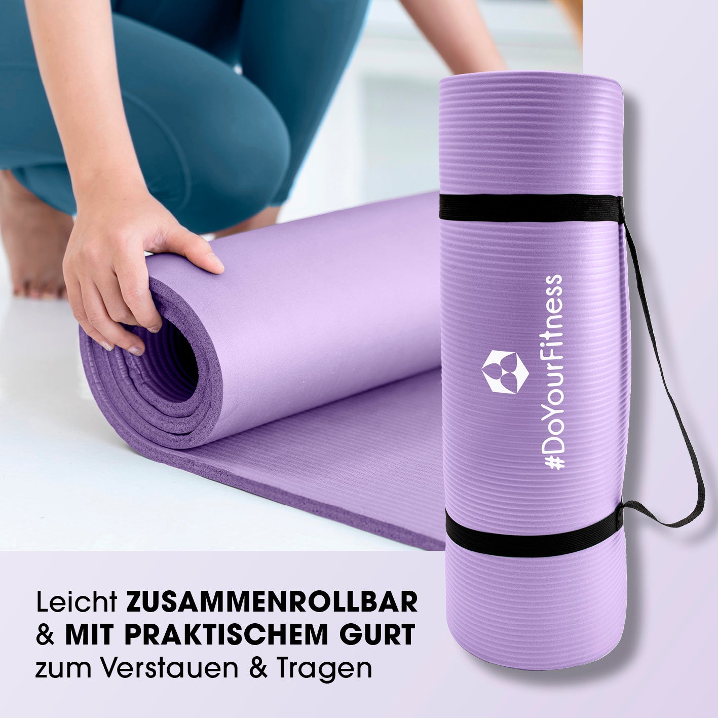 Fitness- und Gymnastikmatte - 183 x 61 x 1,5 cm - Lila, rutschfest, leicht zusammenrollbar mit praktischem Tragegurt von DoYourFitness.