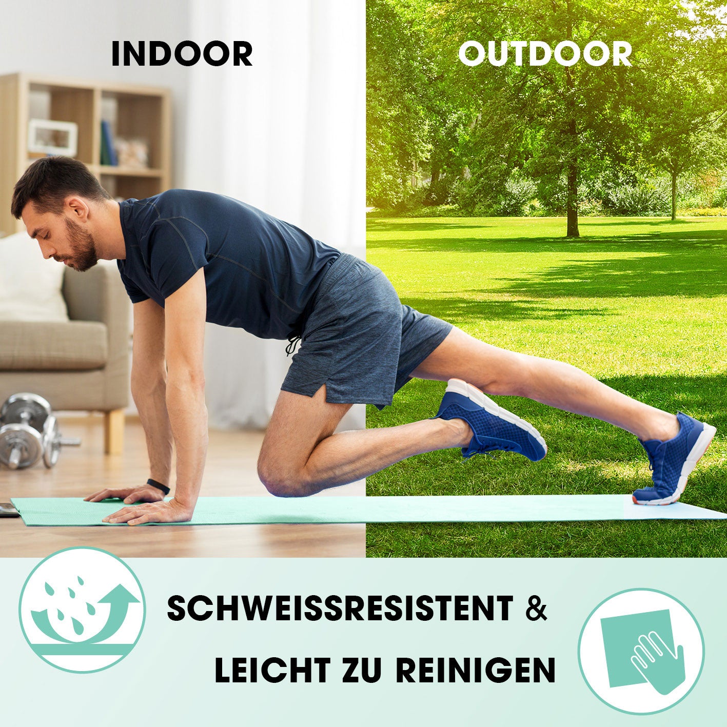 Fitness- und Gymnastikmatte - 183 x 61 x 2 cm - Türkis, rutschfest, schweißresistent, ideal für Indoor- und Outdoor-Training.