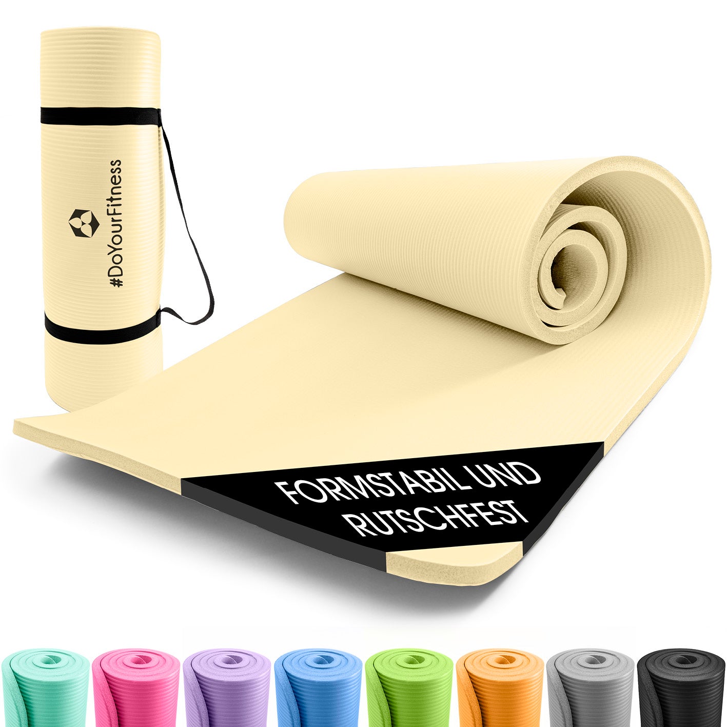 Fitness- und Gymnastikmatte - 183 x 61 x 1,5 cm - Hell Beige, rutschfest, robust, leicht, mit Tragegurt, ideal für Yoga und Gymnastik.