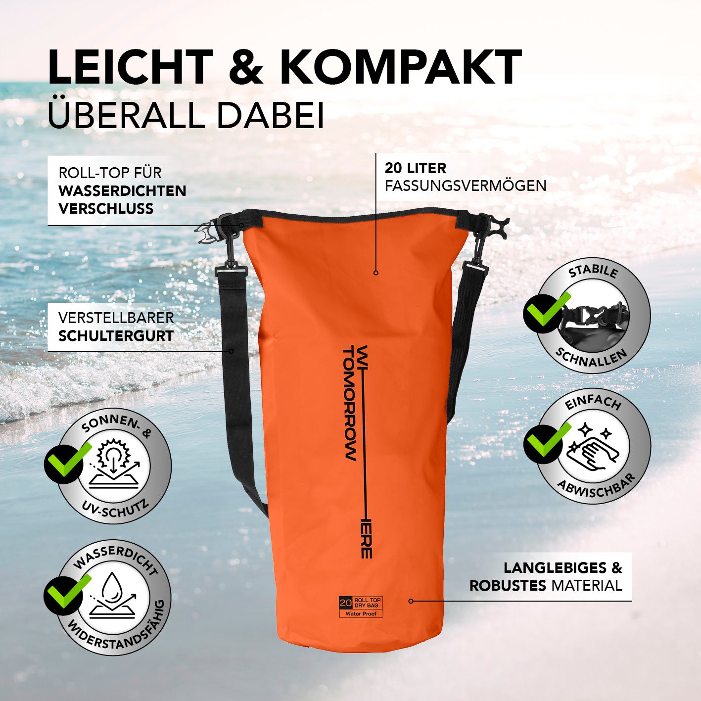 Dry Bag 20L - Style 02 - Orange, wasserdicht, robust, UV-Schutz, verstellbarer Schultergurt, stabiler Rolltop-Verschluss, outdoor geeignet.