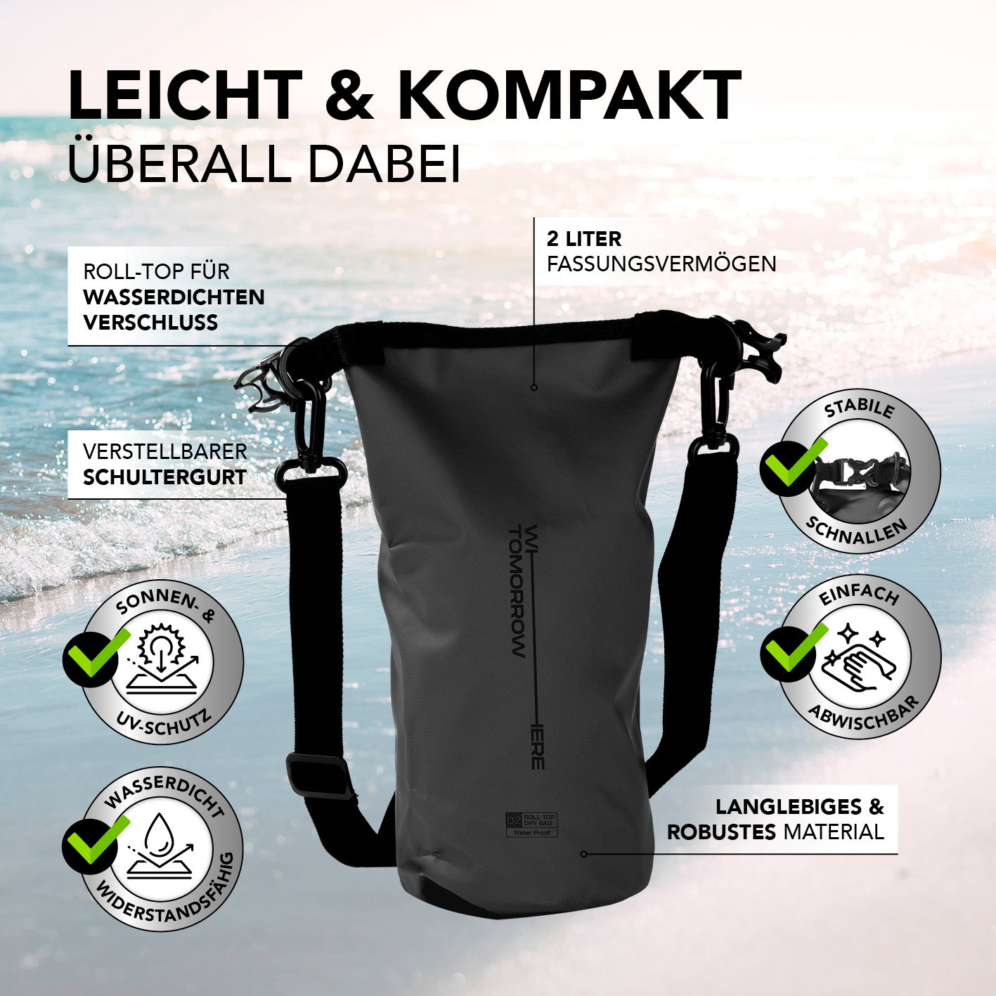 Dry Bag 2L - Style 02 - Schwarz, wasserdichter Rucksack mit Rolltop, UV-Schutz, verstellbarem Schultergurt und robustem Material.