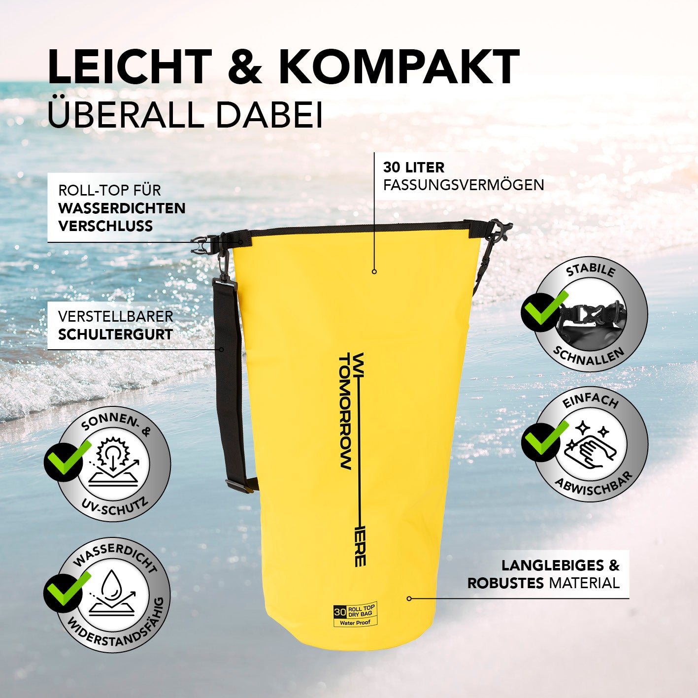 Dry Bag 30L - Style 01 - Gelb, wasserdichter, robuster Rucksack mit Rolltop, UV-Schutz und verstellbarem Schultergurt für Outdoor-Abenteuer.