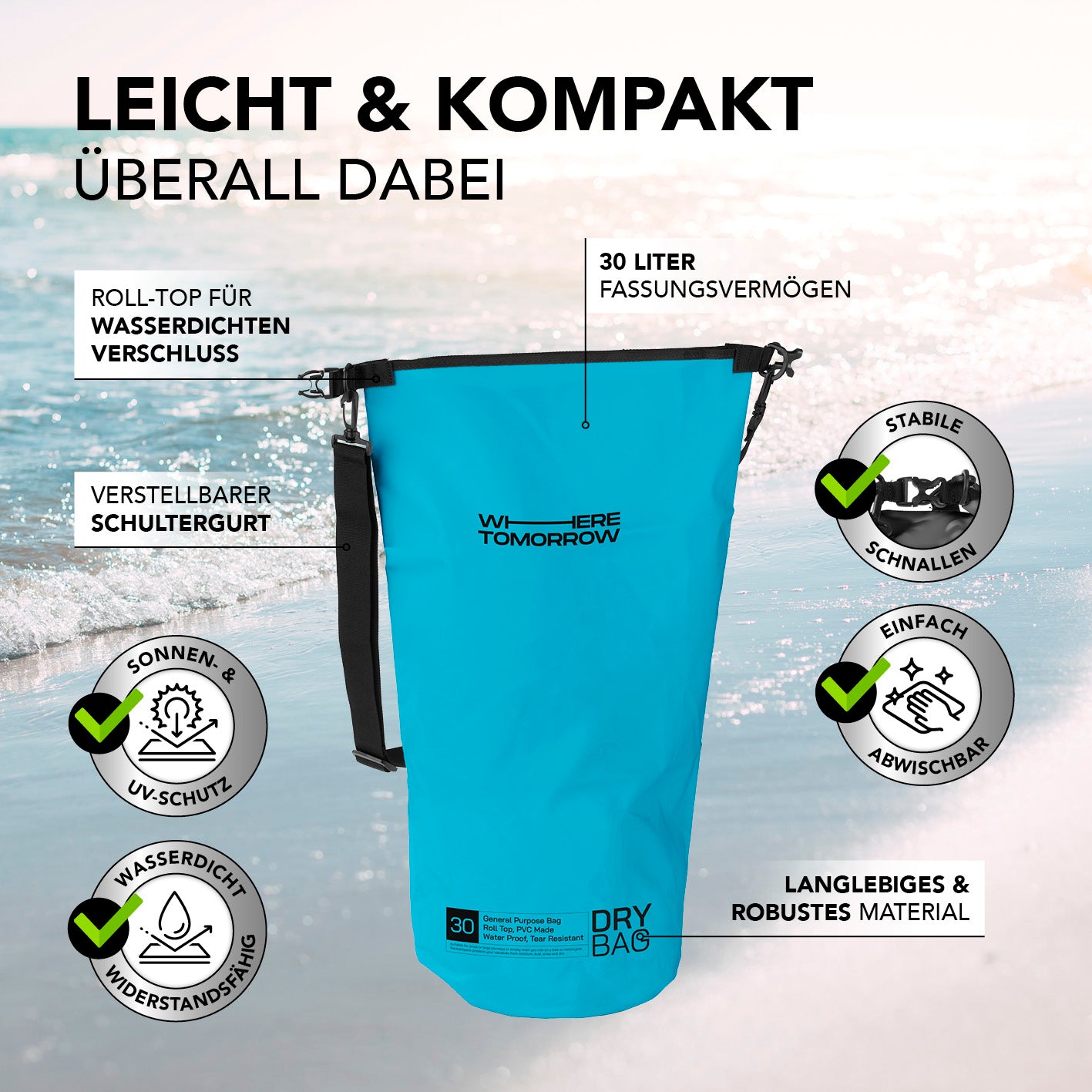 Dry Bag 30L - Style 01 - Himmelblau, wasserdichter Rucksack mit UV-Schutz, verstellbarem Schultergurt und robustem Rolltop-Verschluss.