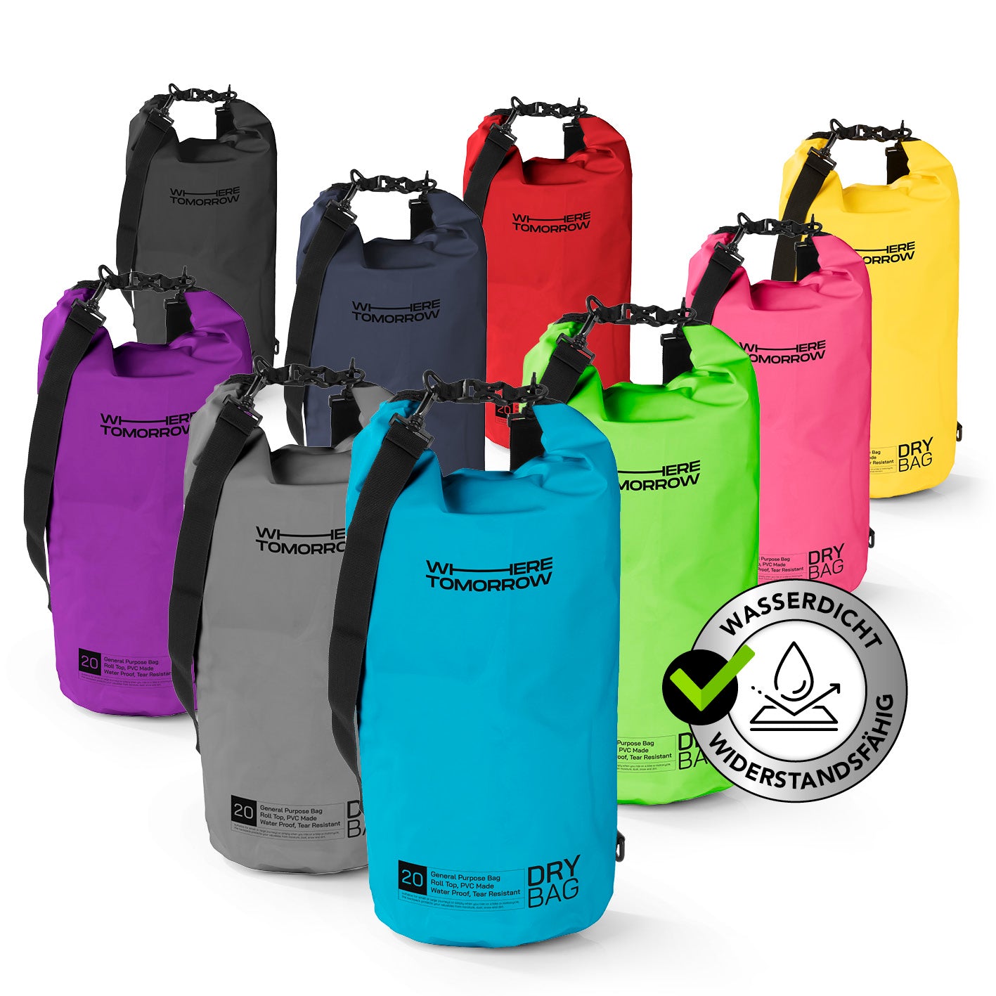 Dry Bag 20L - Style 01 - Himmelblau wasserdichter, robuster Dry Bag mit Rolltop-Verschluss und verstellbarem Schultergurt in Himmelblau.