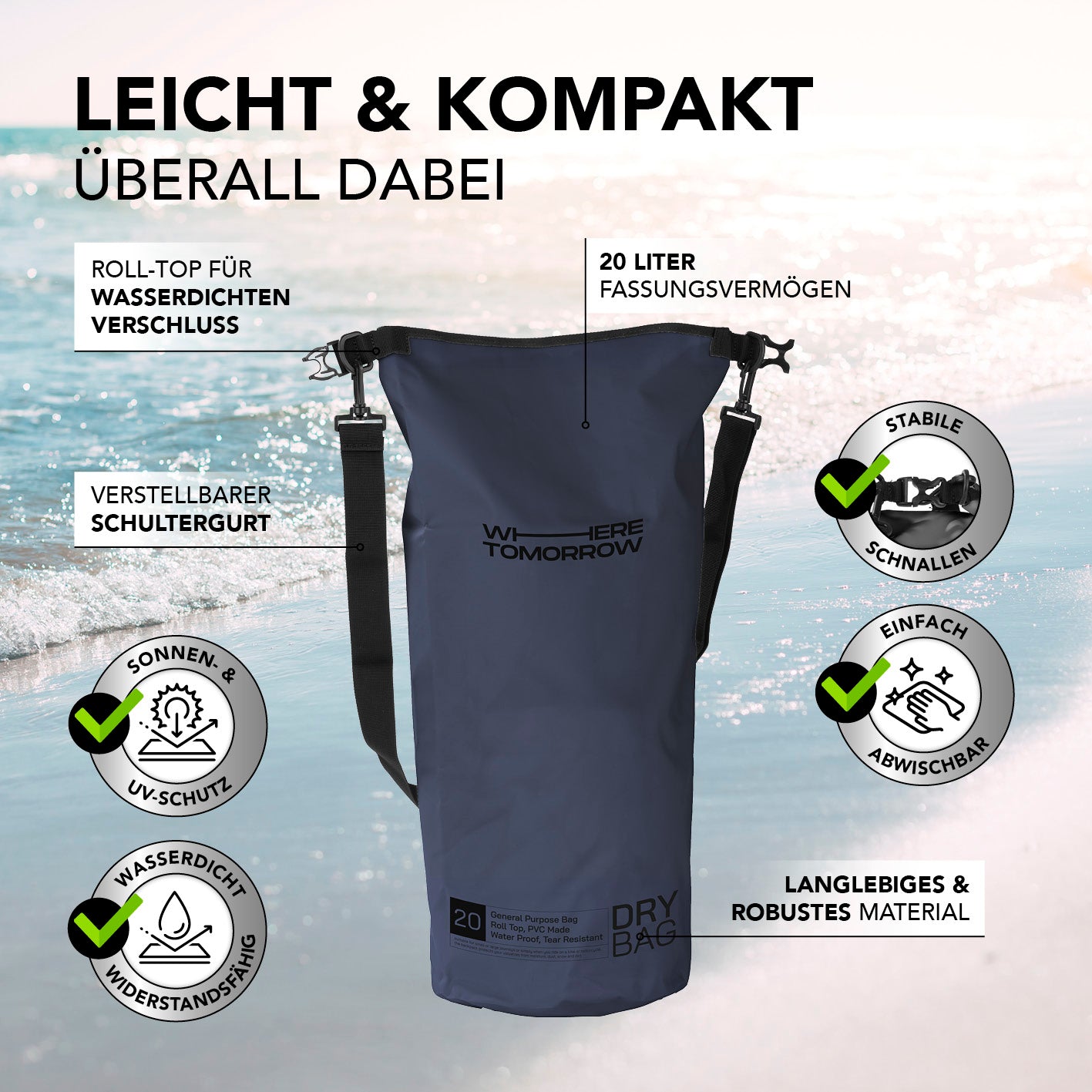 Dry Bag 20L - Style 01 - Dunkelblau, wasserdichter Rucksack mit Rolltop, UV-Schutz, verstellbarem Schultergurt und robusten Schnallen.