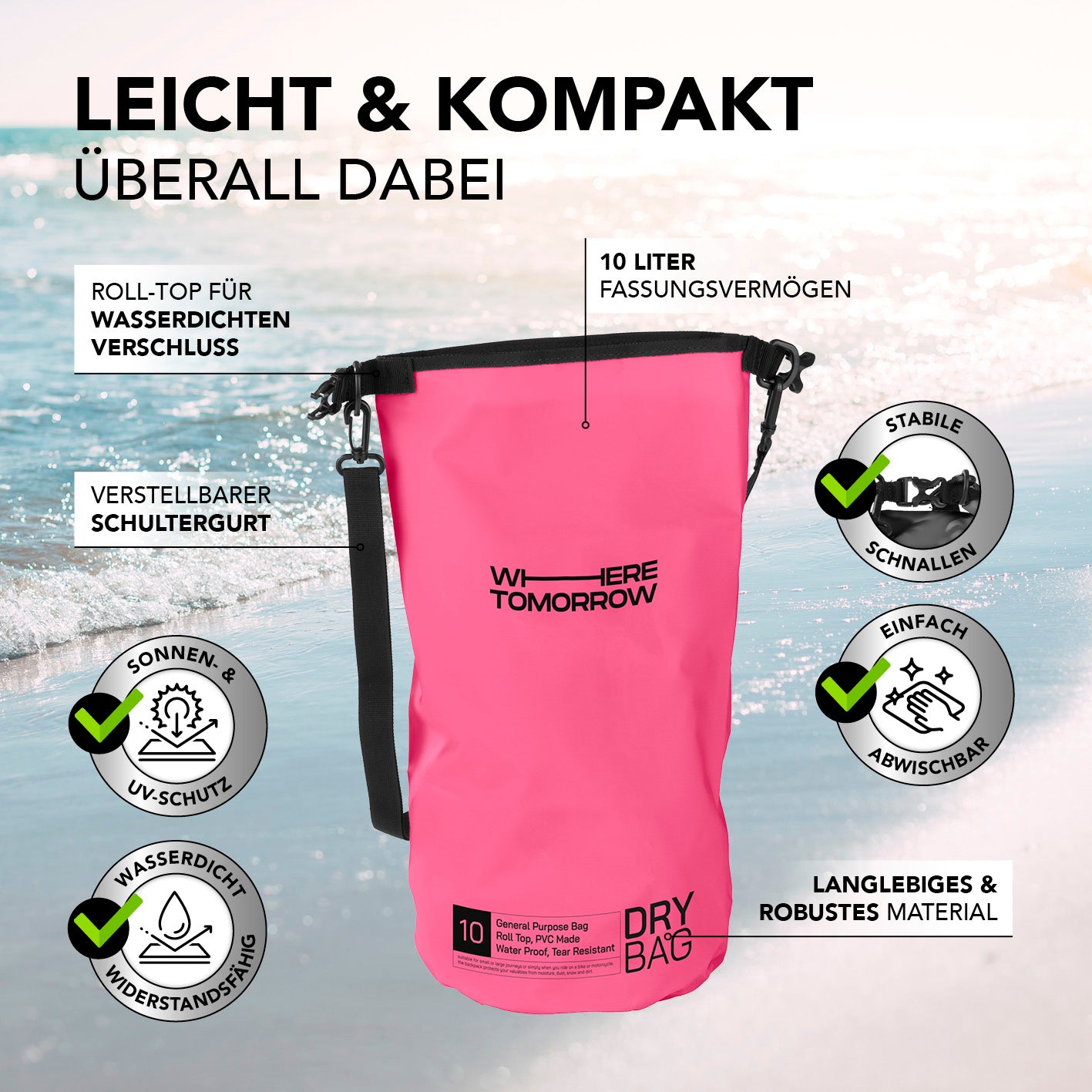 Dry Bag 10L - Style 01 - Pink, wasserdichter, robuster Outdoor-Rucksack mit UV-Schutz, verstellbarem Schultergurt und Rolltop-Verschluss.