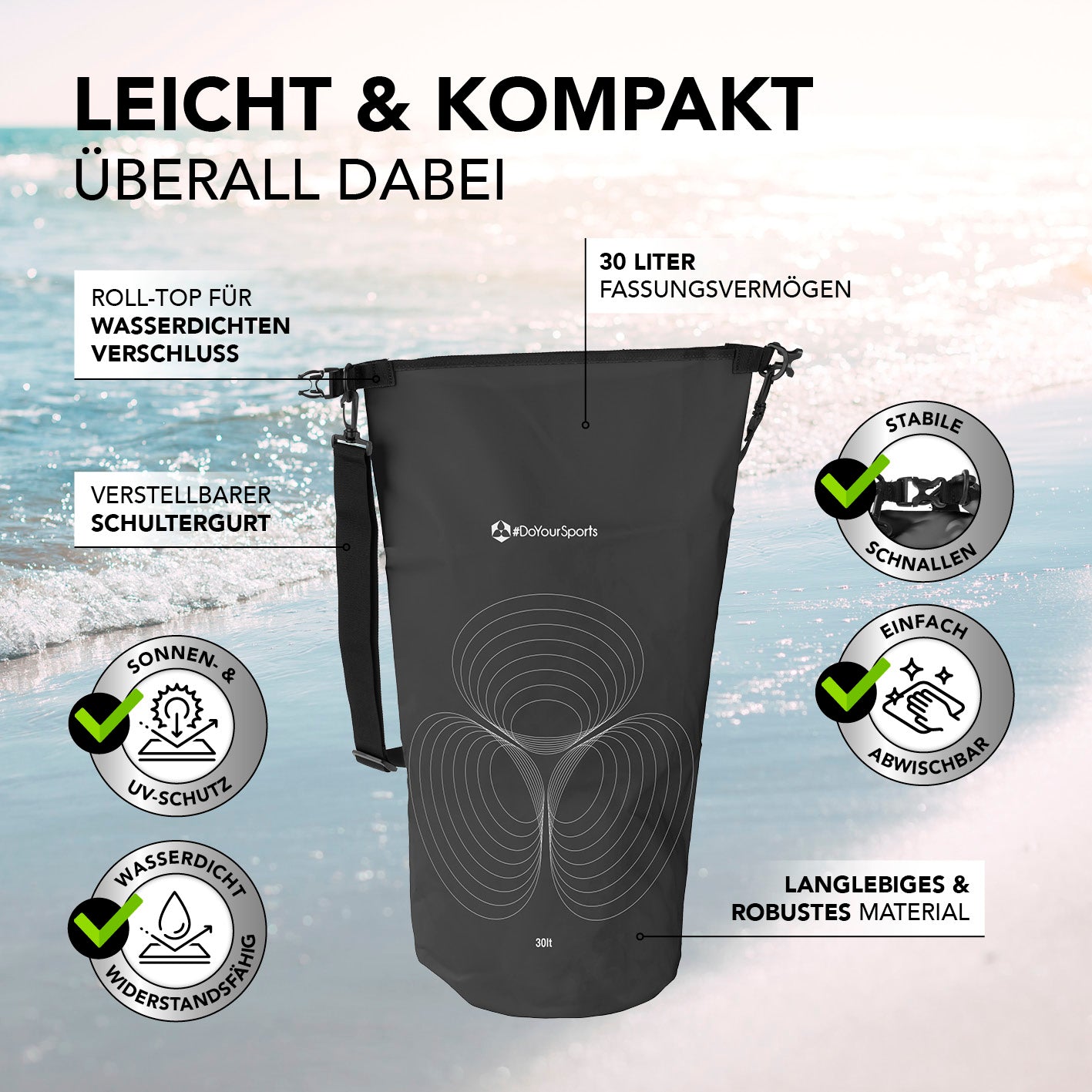 Dry Bag 30L - Schwarz mit wasserdichtem Rolltop, verstellbarem Schultergurt, UV-Schutz und robustem Material für Outdoor-Abenteuer.