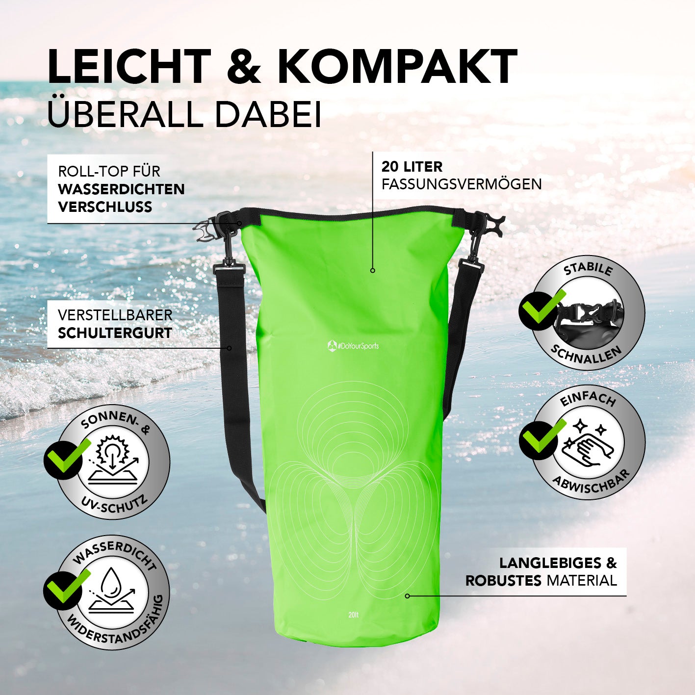 Dry Bag 20L - Grün, wasserdichter, robuster Rucksack mit UV-Schutz, verstellbarem Schultergurt und rolltop-Verschluss für Outdoor-Einsätze.