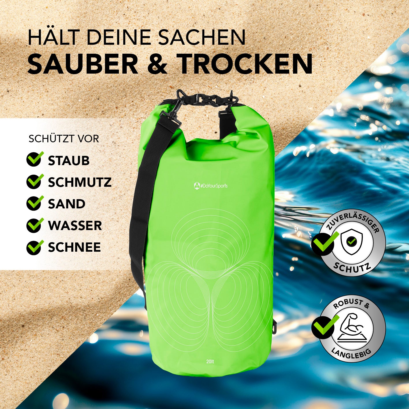Dry Bag 20L - Grün wasserdichter, robuster Rucksack schützt vor Staub, Schmutz, Sand, Wasser und Schnee für Outdoor-Abenteuer.