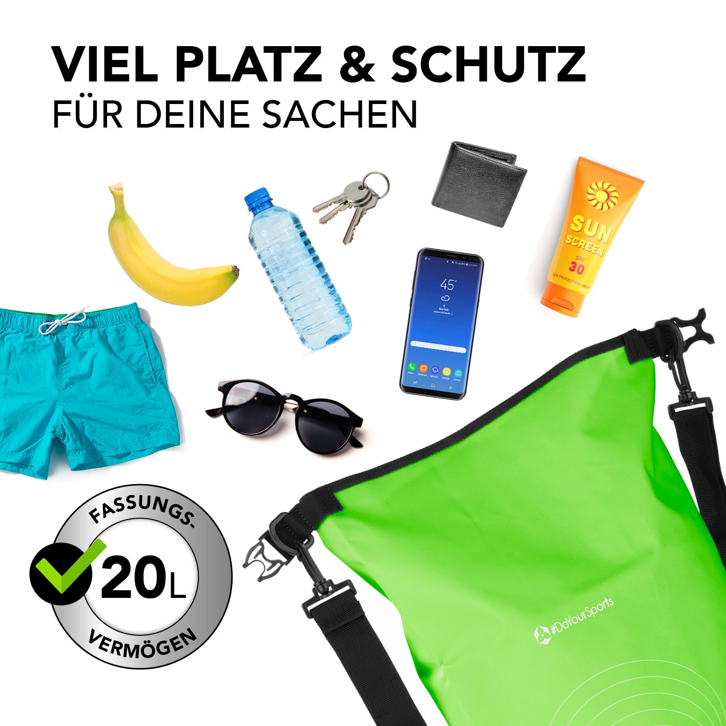 Dry Bag 20L - Grün wasserdichter Outdoor-Rucksack mit Rolltop-Verschluss, verstellbarem Schultergurt und 20L Fassungsvermögen für sichere Aufbewahrung.