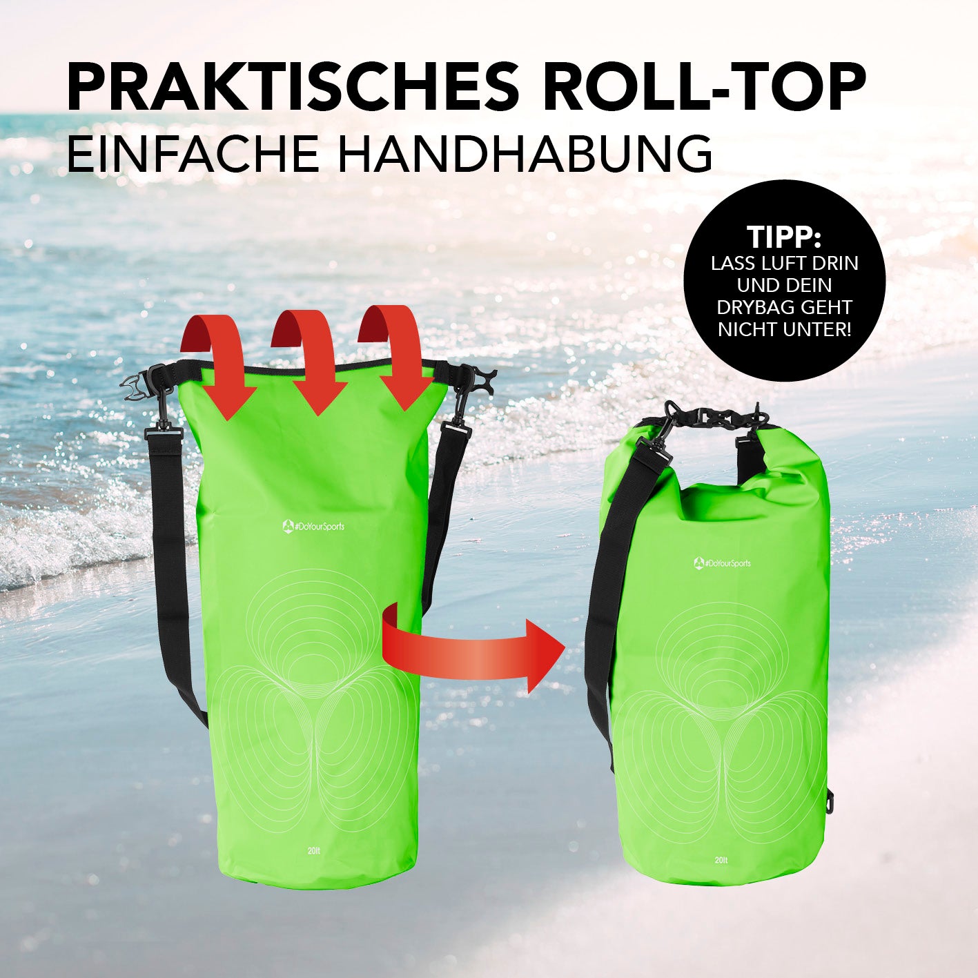Dry Bag 20L - Grün mit praktischem wasserdichtem Rolltop-Verschluss für einfache Handhabung bei Outdoor-Abenteuern.