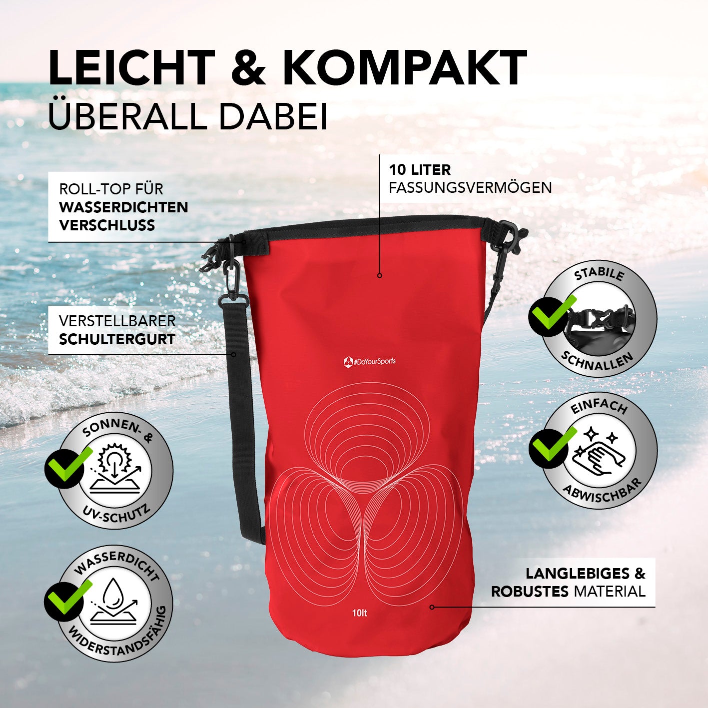 Dry Bag 10L - Rot mit wasserdichtem Rolltop, verstellbarem Schultergurt und UV-Schutz für Outdoor-Abenteuer.