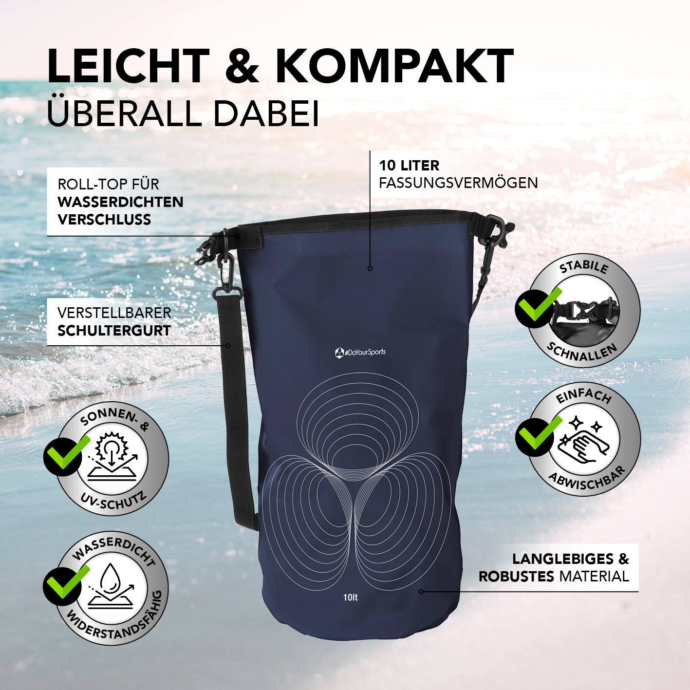 Dry Bag 10L - Dunkelblau mit wasserdichtem Rolltop, verstellbarem Schultergurt, UV-Schutz und robustem Material für Outdoor-Abenteuer.