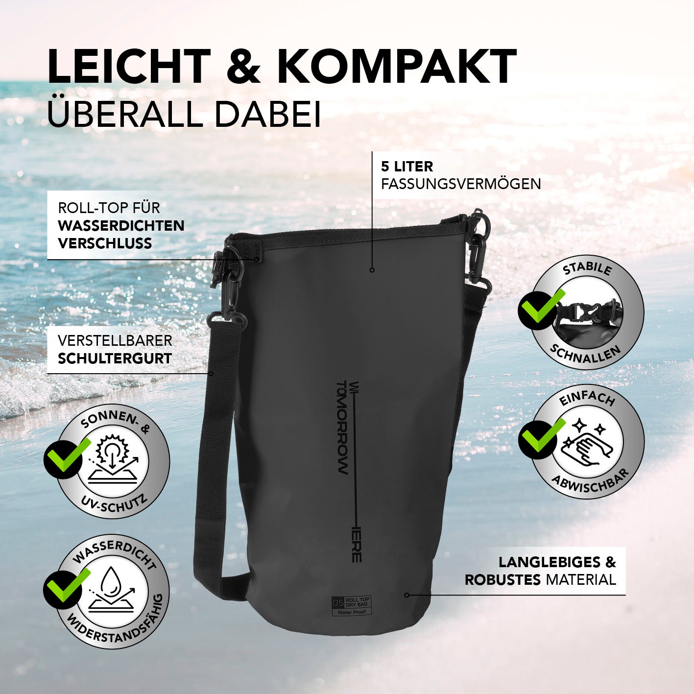 Dry Bag 5L - Style 02 - Schwarz, wasserdichter Rucksack mit Rolltop, verstellbarem Schultergurt und robustem Material für Outdoor-Einsatz.