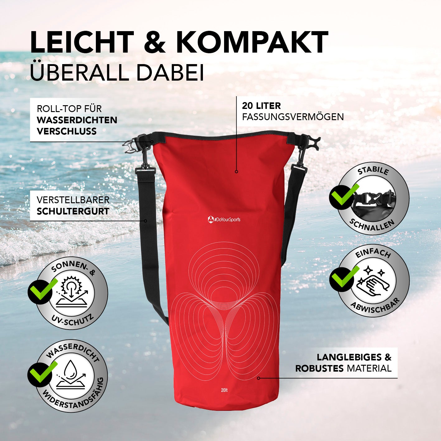 Dry Bag 20L - Rot, wasserdichter, robuster Rucksack mit UV-Schutz, Rolltop-Verschluss und verstellbarem Schultergurt für Outdoor-Abenteuer.