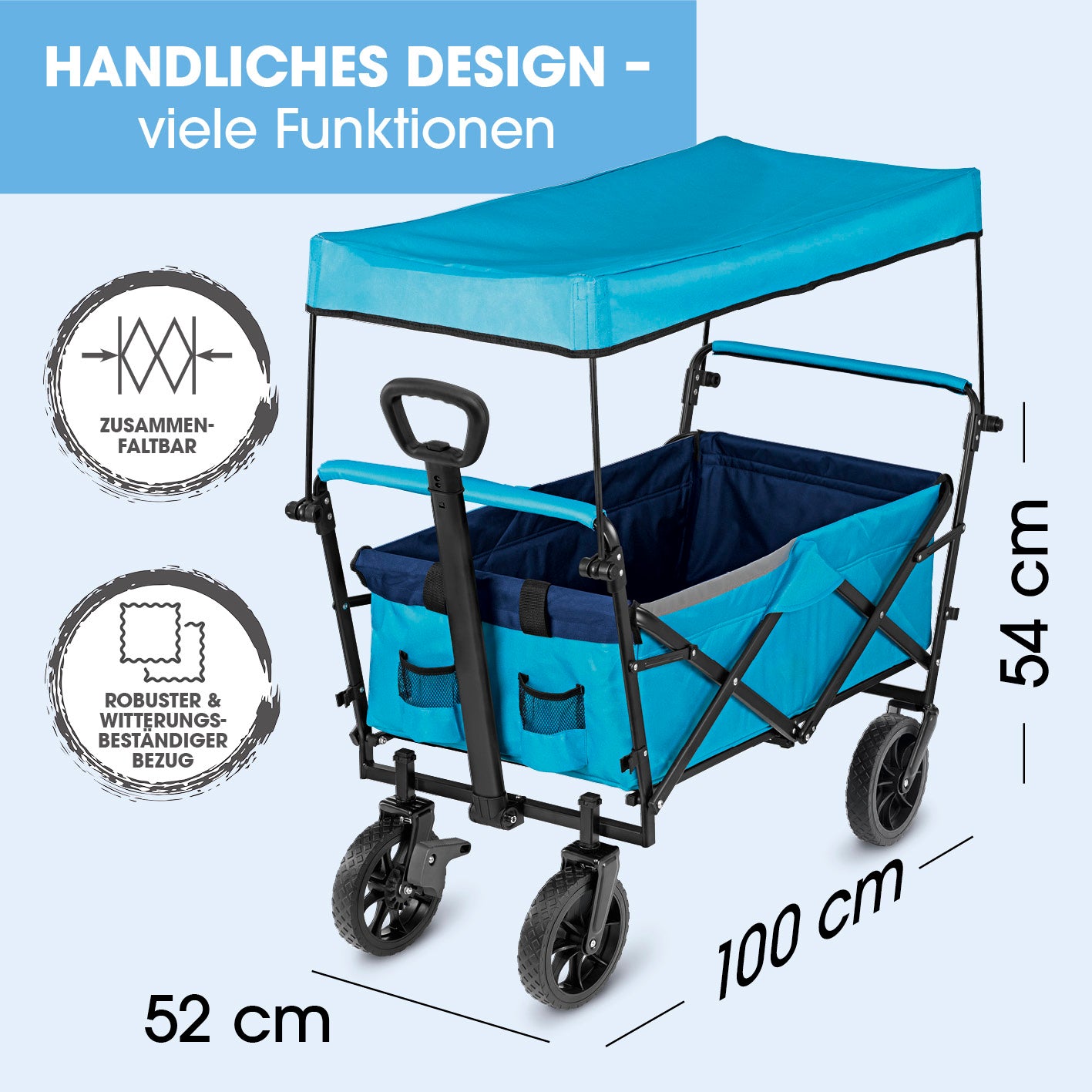 Bollerwagen faltbar - blau, quadratische Galerieposition 2, Maße 1417x1417, faltbar mit stabiler Stahlrohr-Konstruktion und Sonnendach