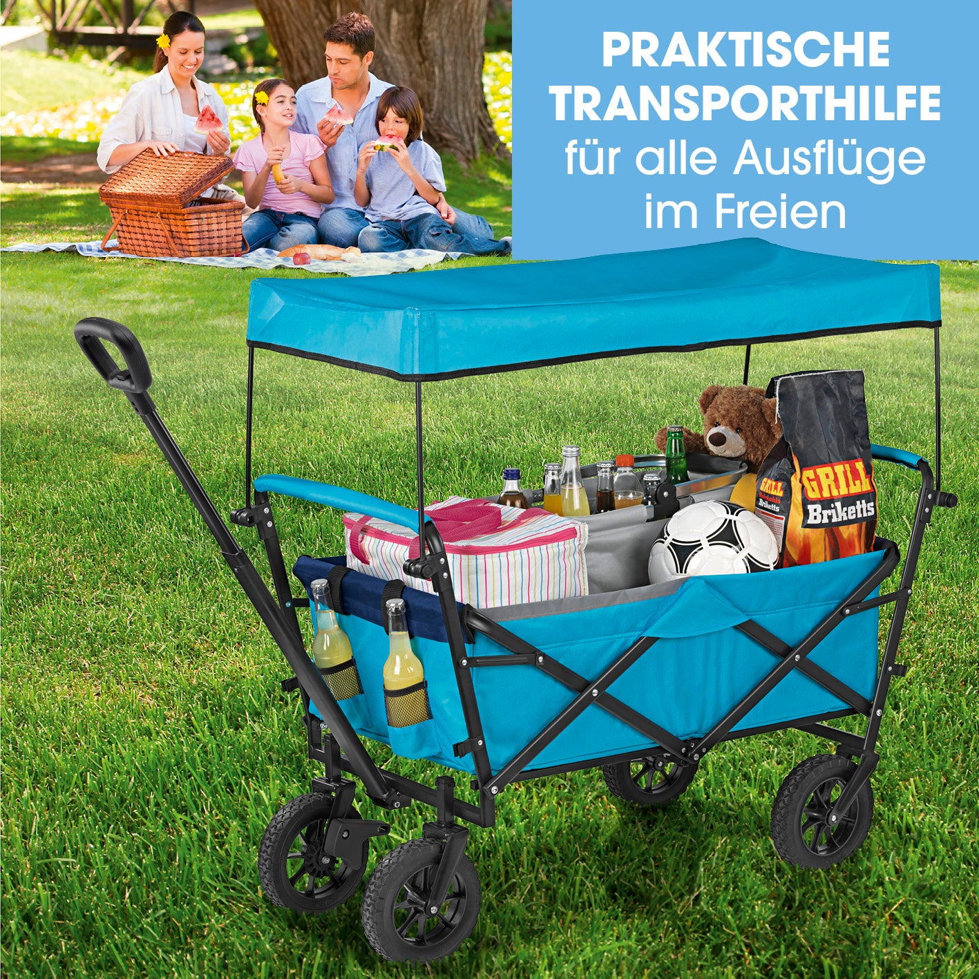 Bollerwagen faltbar - blau mit Sonnendach geladen mit Picknick und Sportzubehör, quadratisches Bild Galerieposition 8