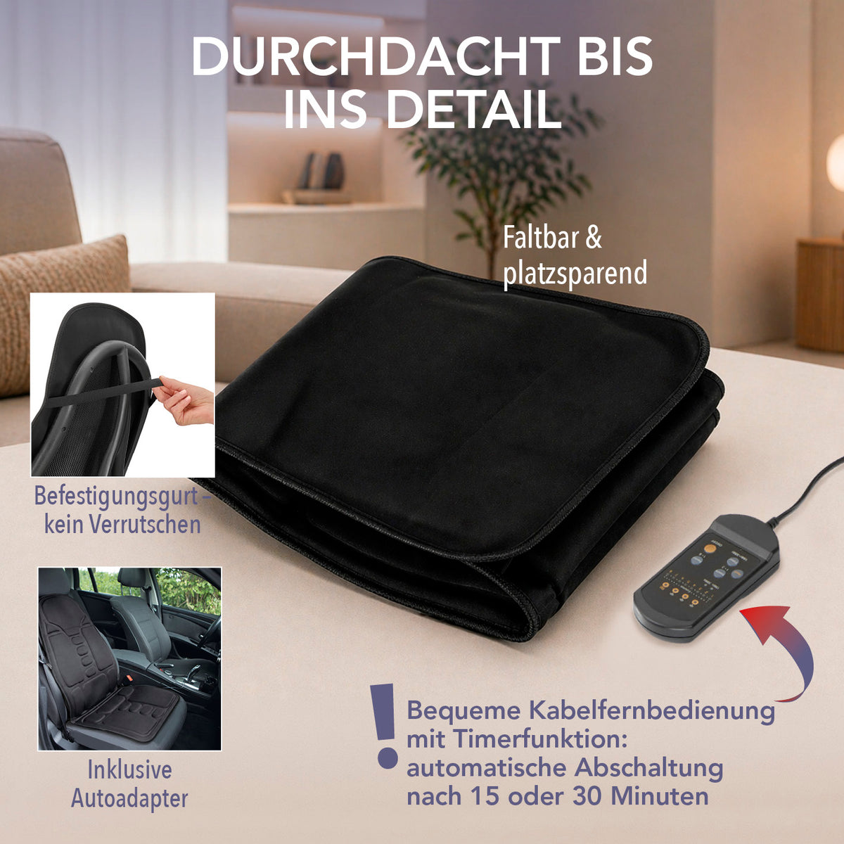 Massage-Sitzauflage mit zuschaltbarer Wärme