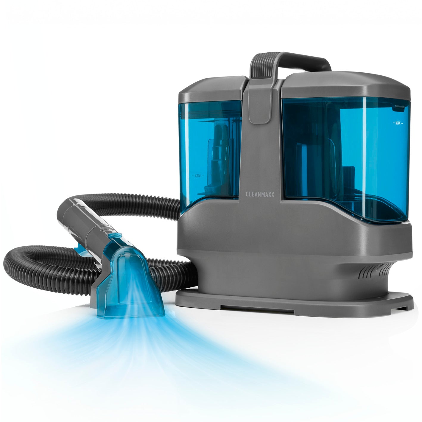 Polster- & Teppichreiniger Kompakt Pro - 450 W mit blauem Wassertank und flexiblem Saugschlauch für gründliche Reinigung.
