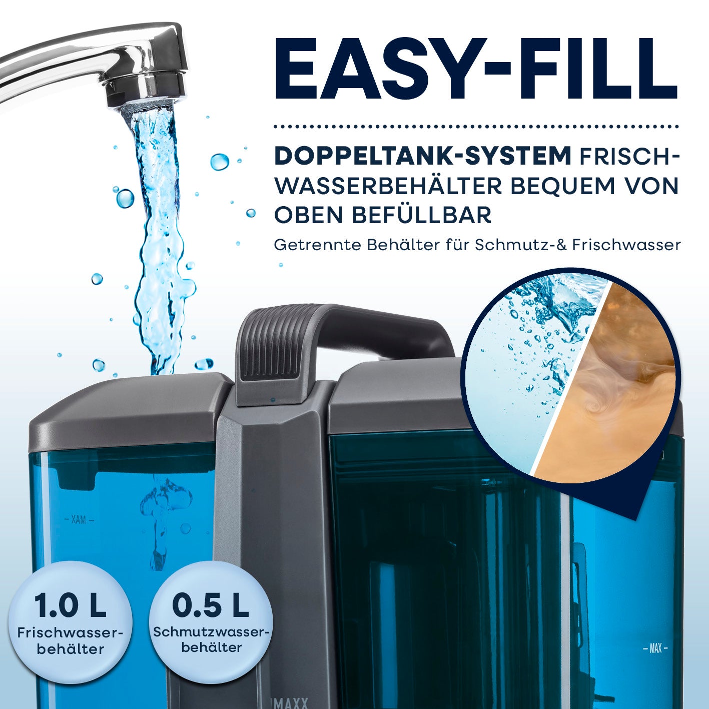 Polster- & Teppichreiniger Kompakt Pro - 450 W mit Doppeltank-System für einfache Befüllung von Frisch- und Schmutzwasser.