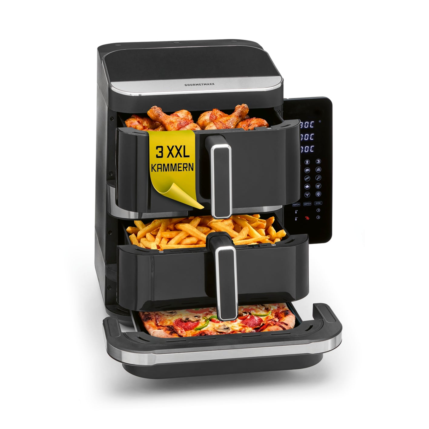 FryUp3 Vertikale 3-Kammer-Heißluftfritteuse - 12,4 l - inkl. HighHeat-Ofenschublade