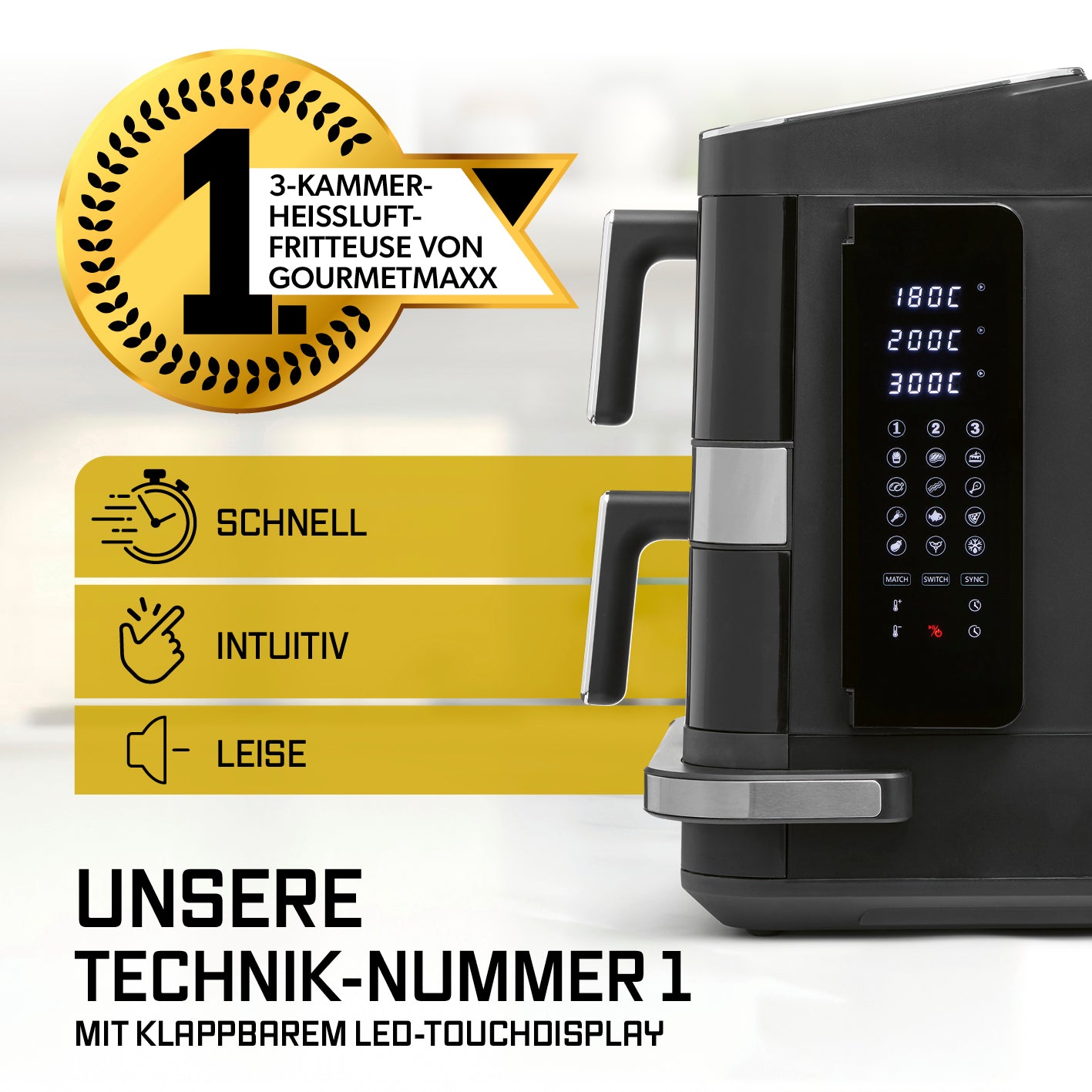 FryUp3 Vertikale 3-Kammer-Heißluftfritteuse - 12,4 l - inkl. HighHeat-Ofenschublade