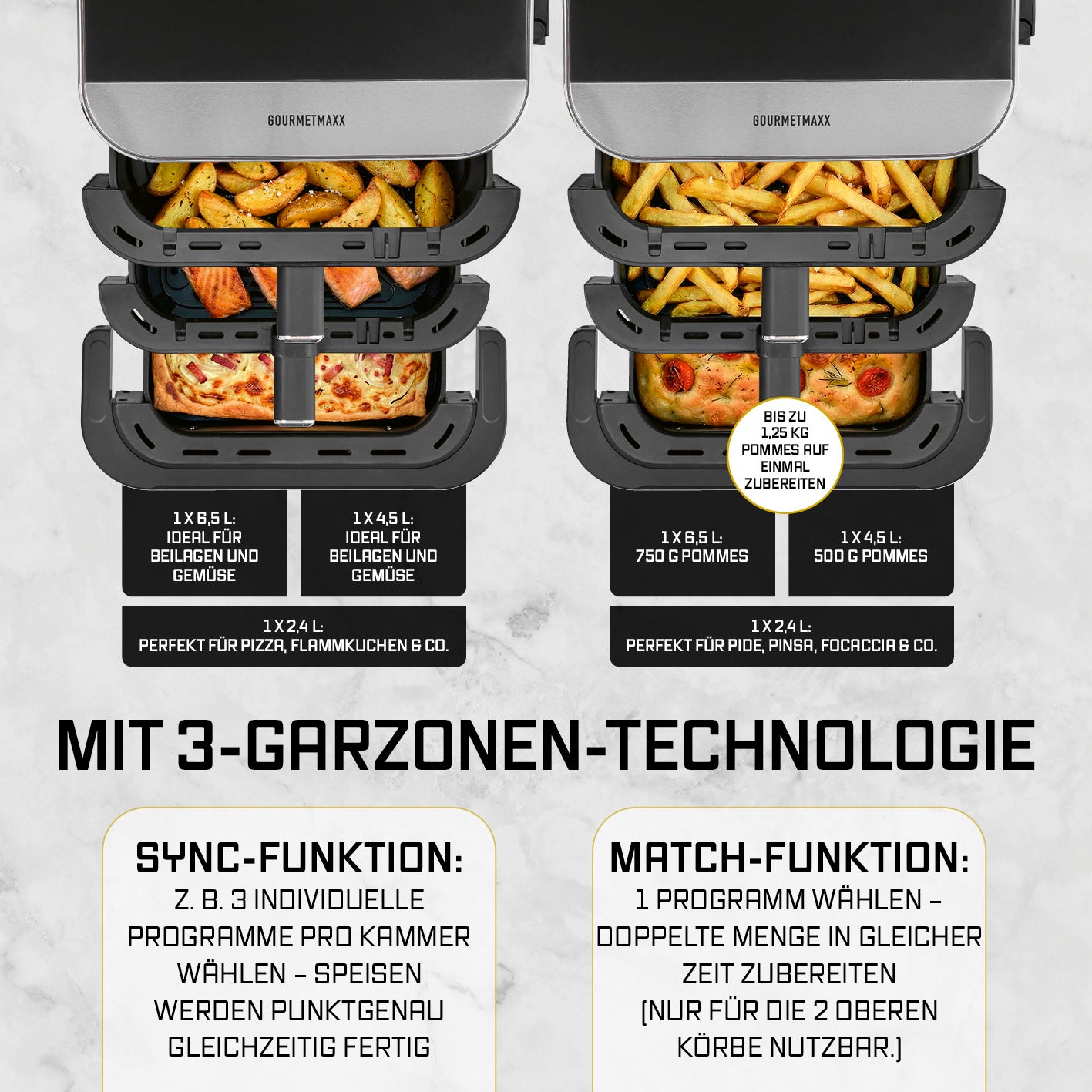 FryUp3 Vertikale 3-Kammer-Heißluftfritteuse - 13,4 l - inkl. HighHeat-Ofenschublade