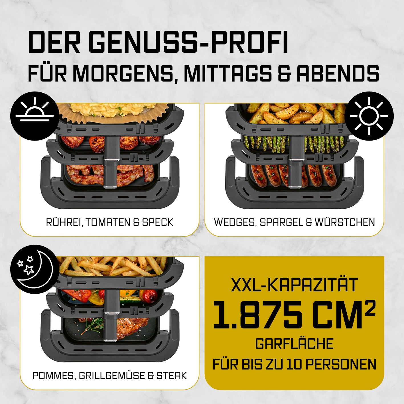 FryUp3 Vertikale 3-Kammer-Heißluftfritteuse - 12,4 l - inkl. HighHeat-Ofenschublade