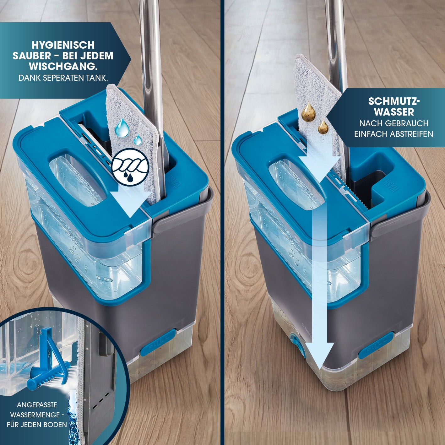 Komfort-Mopp DuoTank - grau-blau + Ersatz-Wischpad 2er-Set