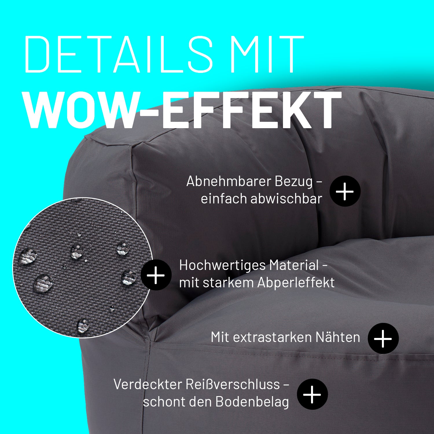 Sitzsack Lounge (320 L) - indoor & outdoor - Anthrazit mit abnehmbarem Bezug, Wasserabweisend und extra starken Nähten für Langlebigkeit.
