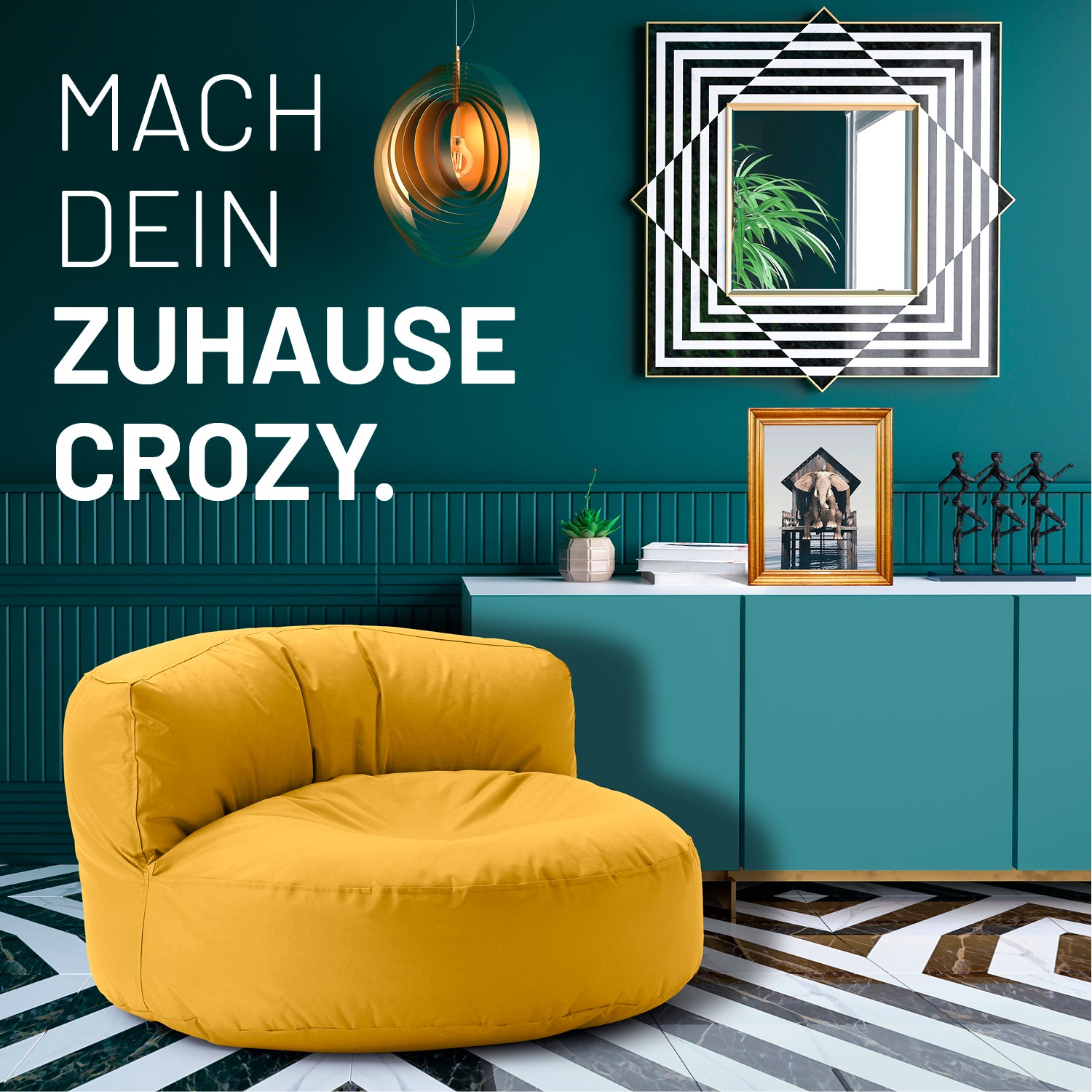 Sitzsack Lounge (320 L) - indoor & outdoor - Senfgelb in modernem Raum mit blauem Sideboard und dekorativem Spiegel