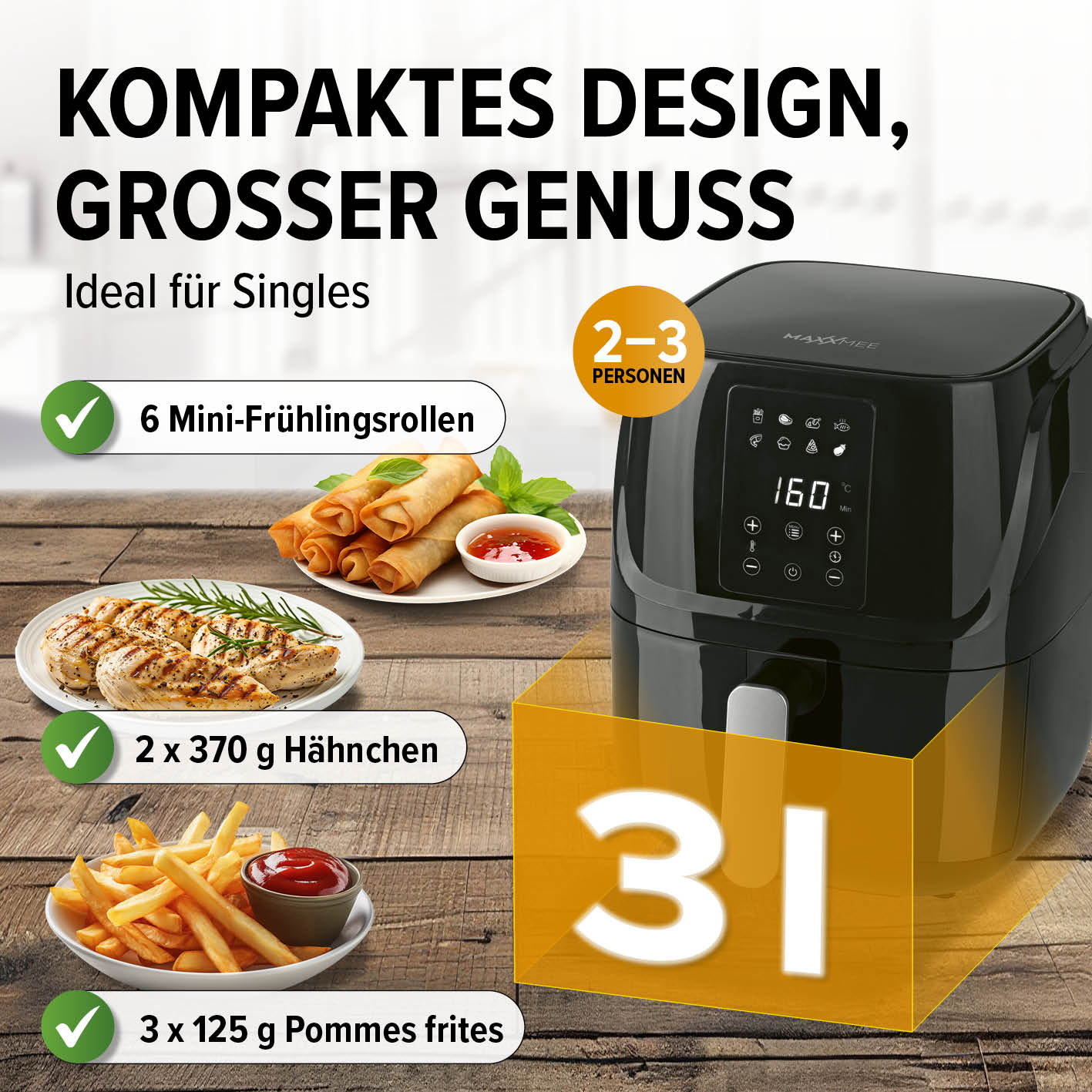 Heißluftfritteuse mit 3 l Volumen, 1300 W, 360°-Luftzirkulation und 9 Funktionen für fettarmes Garen bis zu 2–3 Personen.