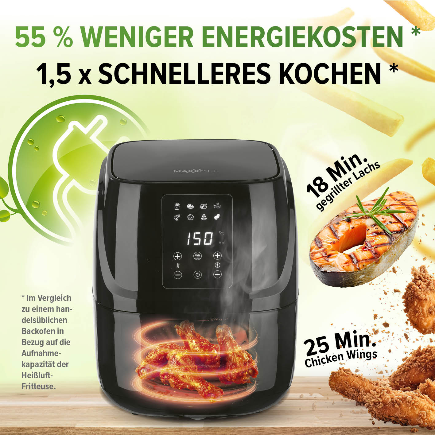 Heißluftfritteuse mit 1300 W, 360°-Luftzirkulation, schnellerem Garen, energiesparend und vielseitig für fettarmes Kochen.