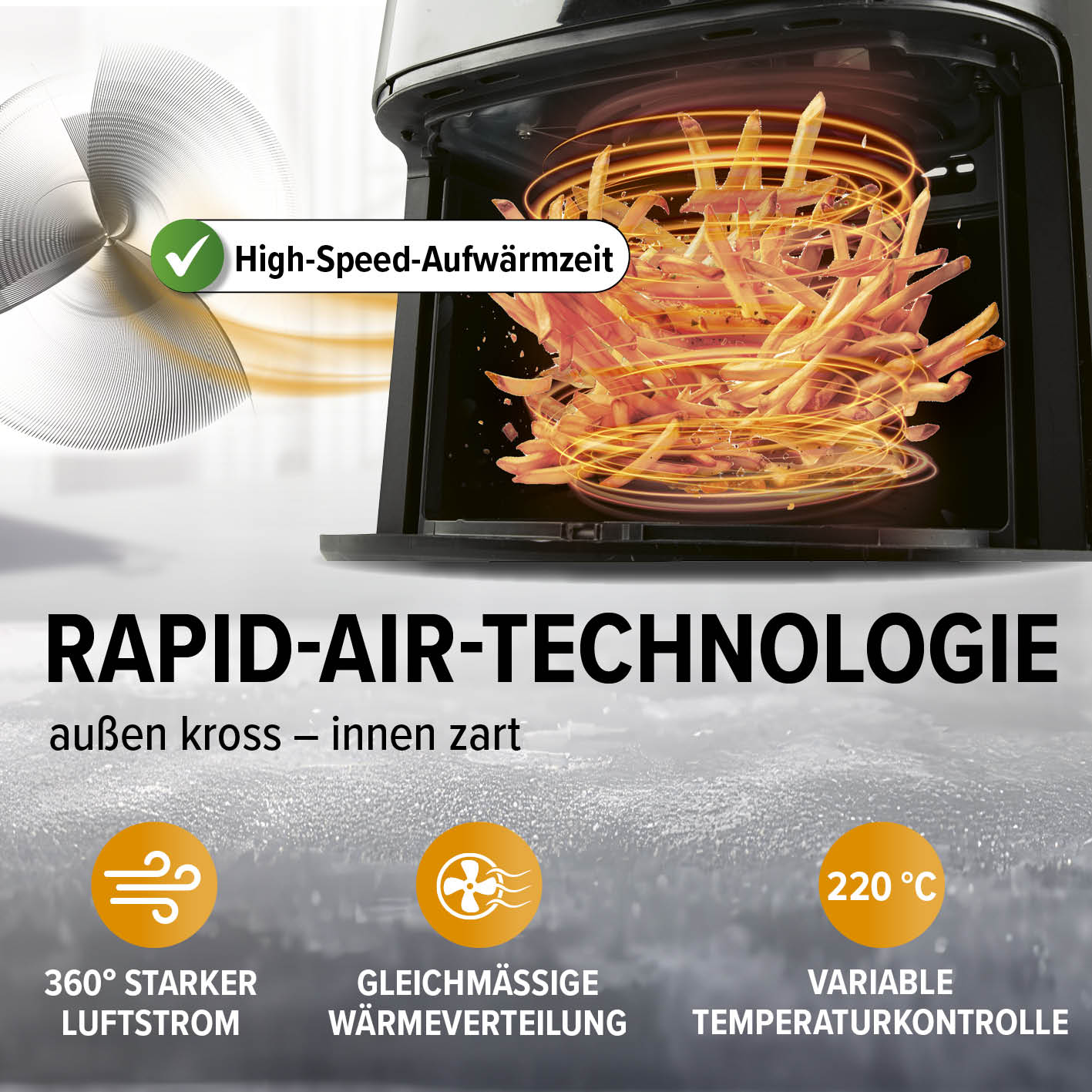 Heißluftfritteuse mit Rapid-Air-Technologie, 360° Luftzirkulation, schneller Aufwärmzeit und variabler Temperaturkontrolle bis 220°C.