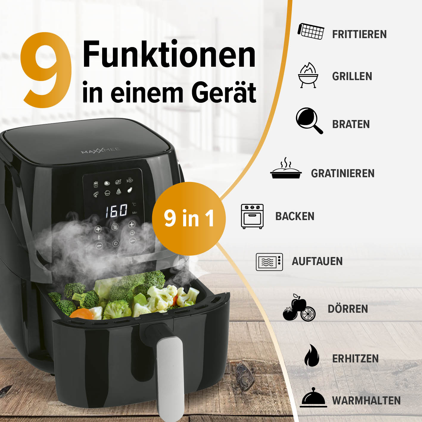 Heißluftfritteuse mit 9 Funktionen für fettarmes Frittieren, Grillen, Braten, Backen und mehr, ideal für vielseitiges Garen.
