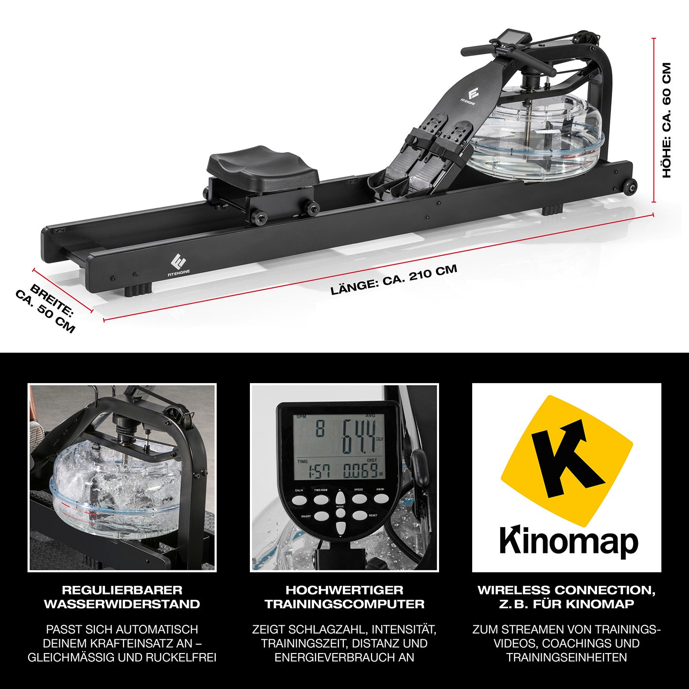 Wasser-Rudergerät Smart - schwarz mit regulierbarem Wasserwiderstand, Trainingscomputer und Kinomap-kompatibler Wireless-Verbindung.