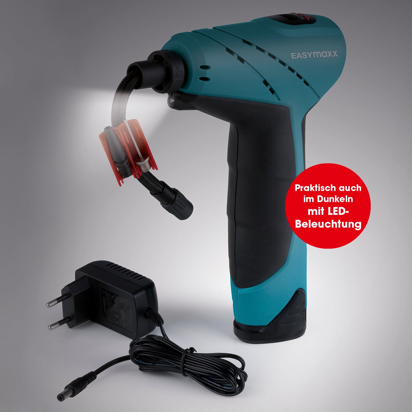 Akku-Handkompressor mit LED-Beleuchtung blau/schwarz, kabellos mit digitaler Luftdruckanzeige und verschiedenen Ventiladaptern.
