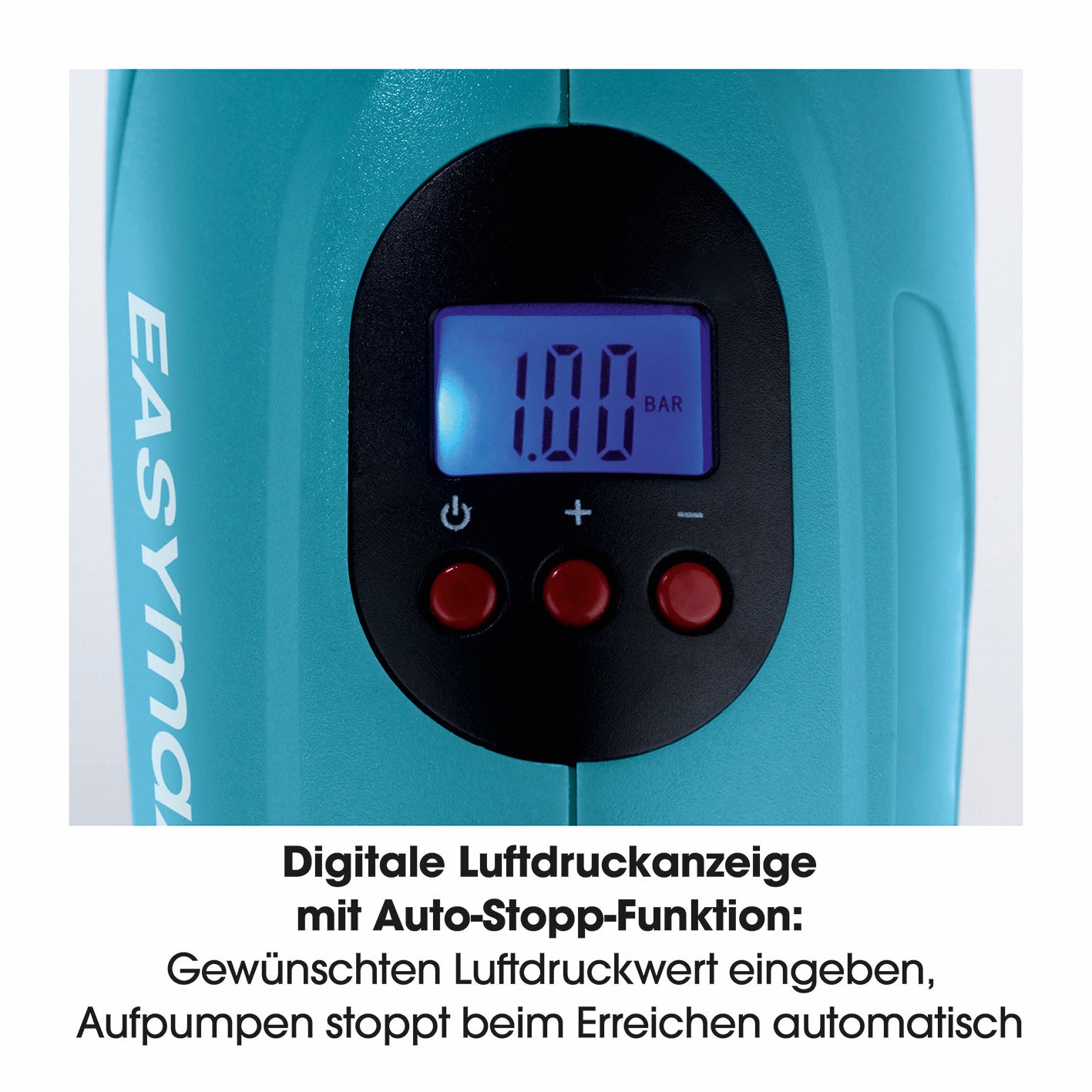 Akku-Handkompressor mit LED-Beleuchtung blau/schwarz mit digitaler Luftdruckanzeige und Auto-Stopp-Funktion für präzises Aufpumpen.