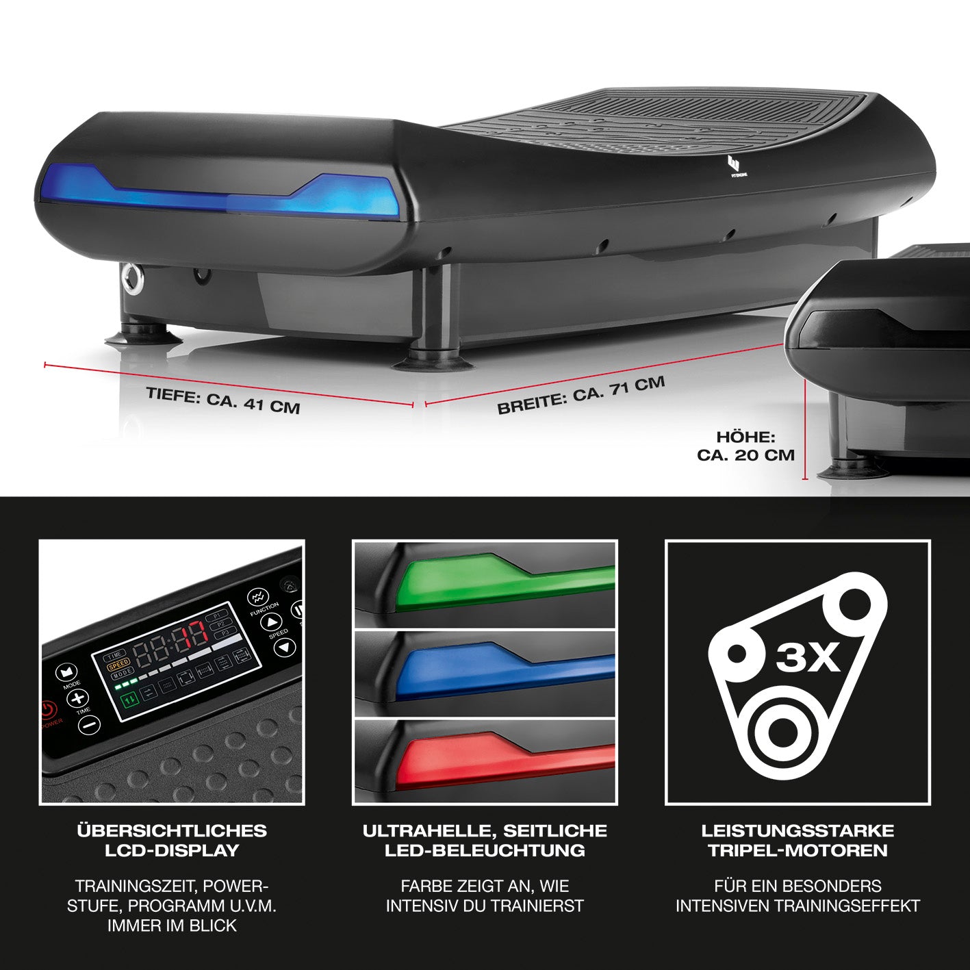 4D Vibrationsplatte mit 3 Vibrationsmodi, 4D-Technologie, 60 Intensitätsstufen, LED-Beleuchtung und LCD-Display für effektives Vibrationstraining.