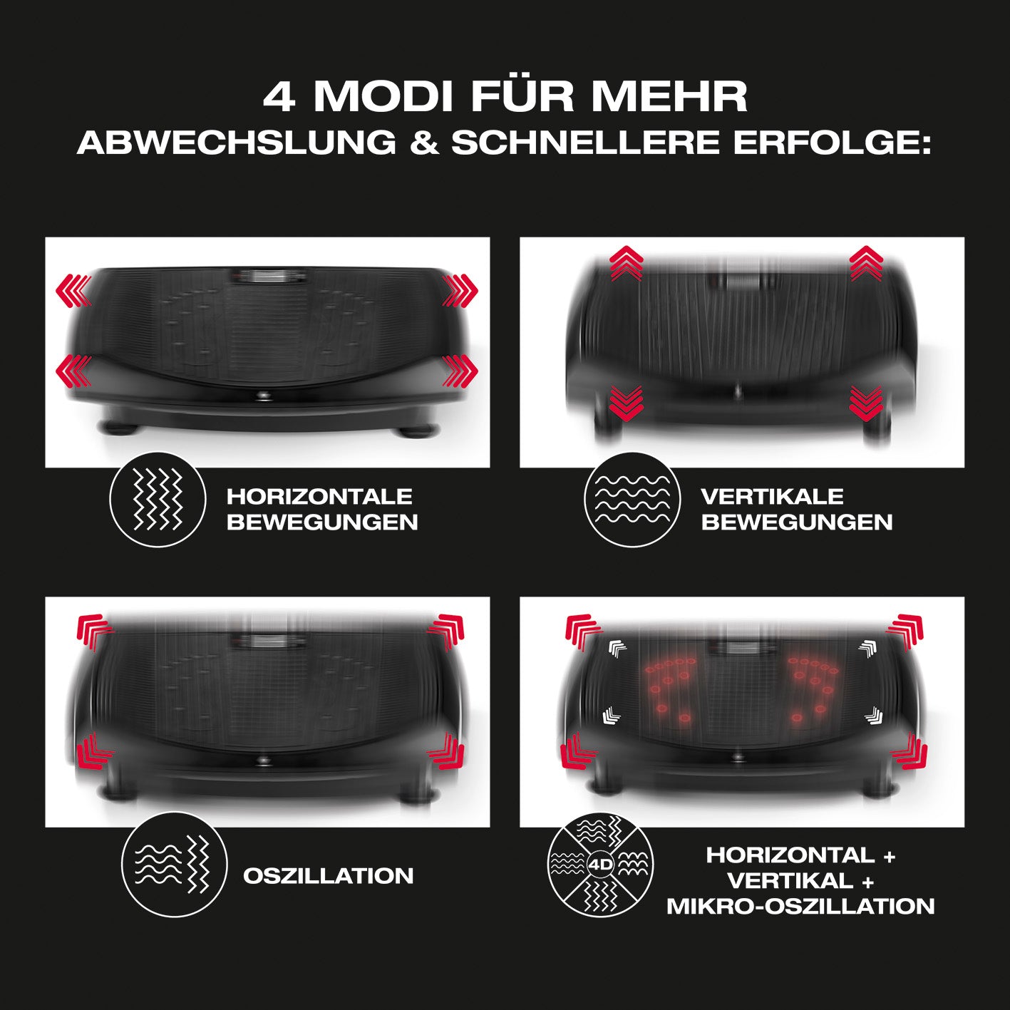 4D Vibrationsplatte mit 4 Modi: horizontale, vertikale Bewegung, Oszillation und 4D-Mikro-Oszillation für effektives Vibrationstraining.
