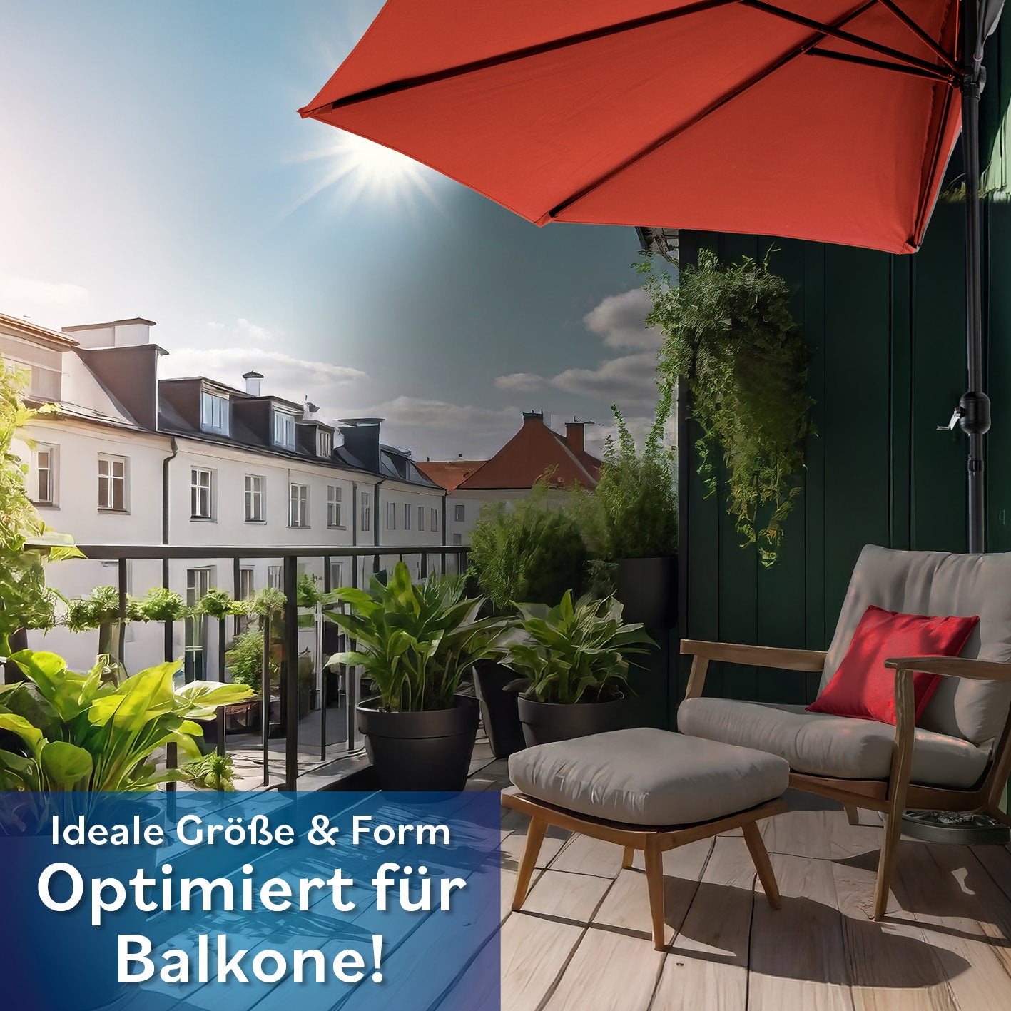 EASYmaxx Sonnenschirm - halbrund, terrakottafarben, platzsparend für Balkon mit UV-Schutz 40+ und praktischem Handkurbel-Mechanismus.