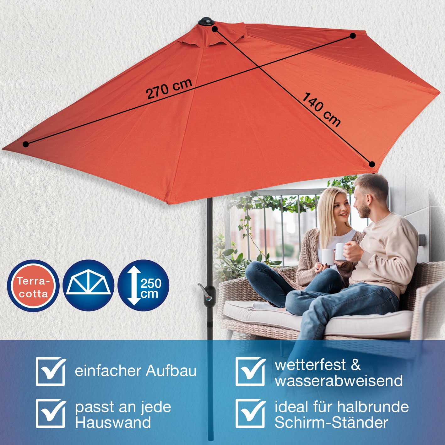 EASYmaxx Sonnenschirm - halbrund, terrakottafarben, platzsparend, wetterfest, UV-Schutz 40+, ideal für kleine Terrassen und Balkone.